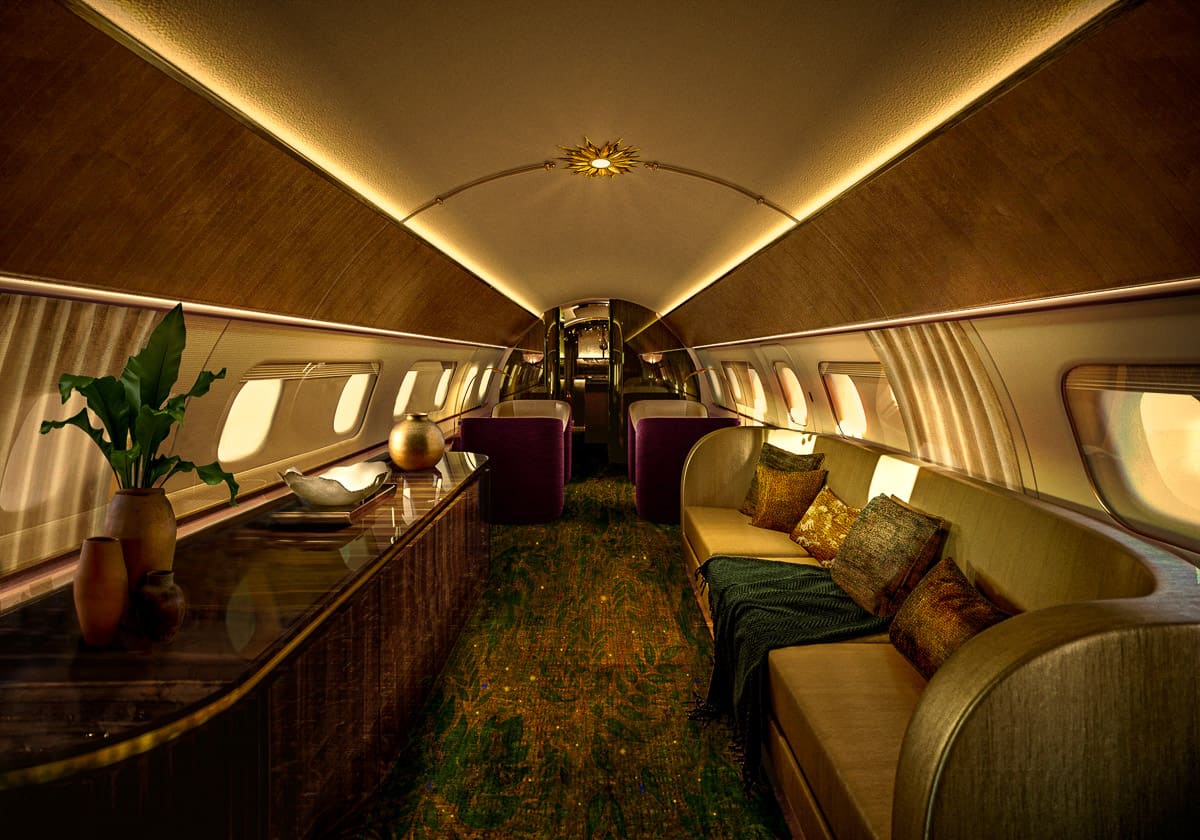 Sophisticated private jet main cabin by Lie Alonso Dynasty
