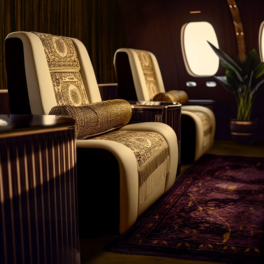Private Jet Interior embodying Exoticism and the Ancient Future by Lie Alonso Dynasty